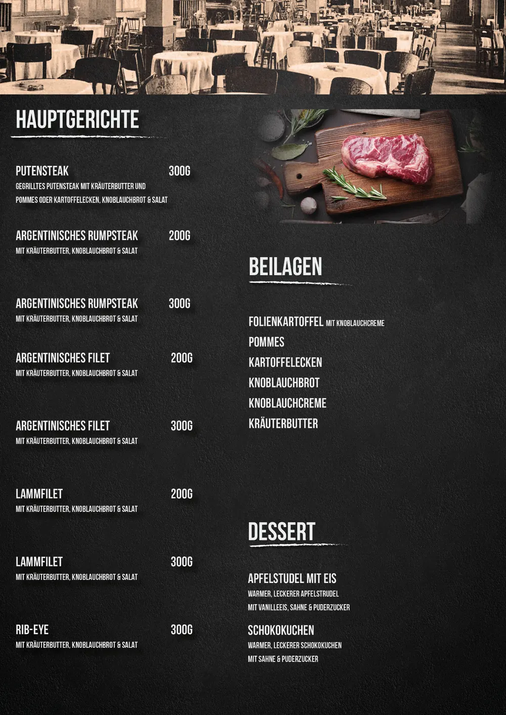 Speisekarte Seite 1: Hauptgerichte, Beilagen und Dessert
