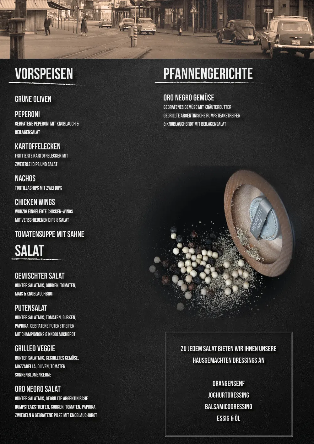 Speisekarte Seite 2: Vorspeisen, Salate und Pfannengerichte