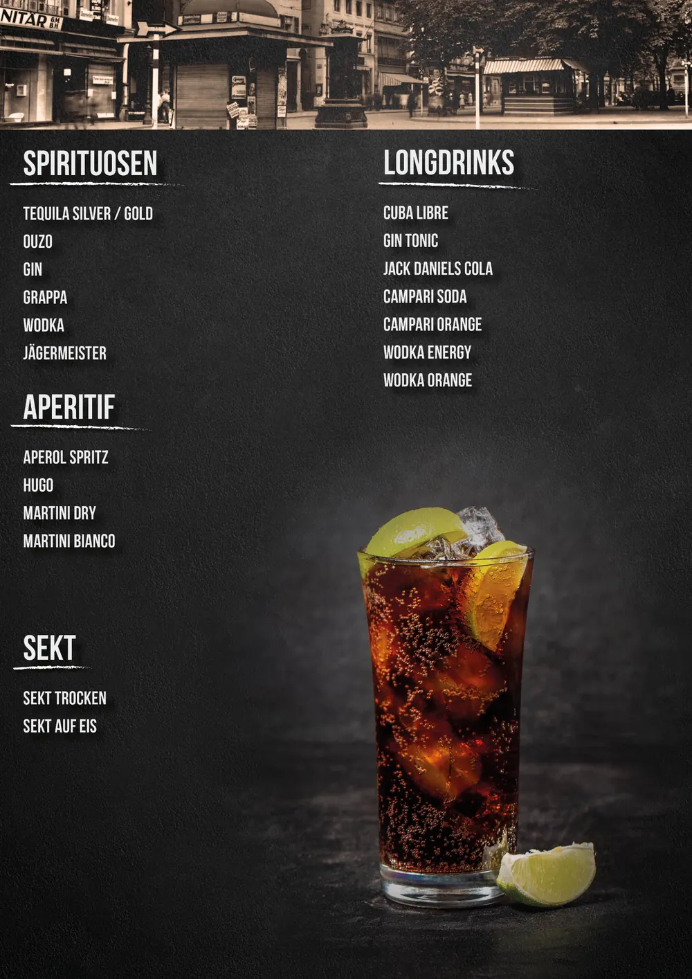 Speisekarte Seite 4: Spirituosen, Aperitif, Sekt und Longdrinks