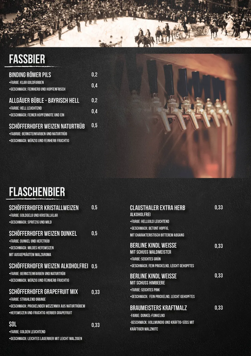Speisekarte Seite 5: Fassbier und Flaschenbier