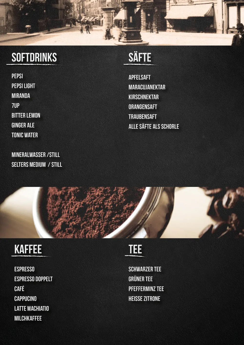 Speisekarte Seite 6: Softdrinks, Säfte, Kaffee und Tee